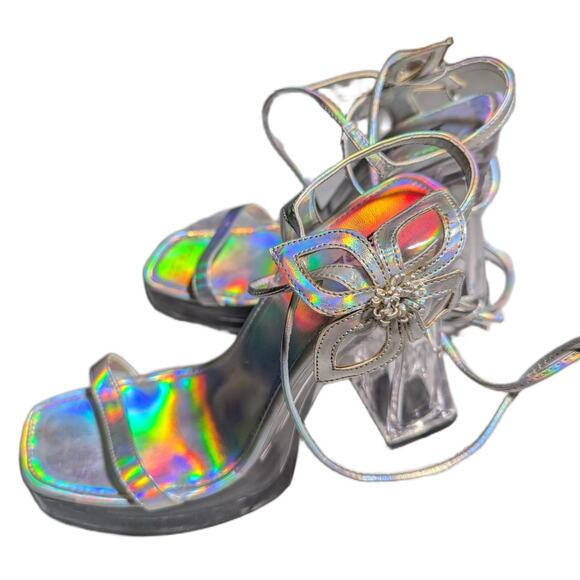 Vtg Y2K Soda Silver Holographic Flower Applique Chunky Clear Heel Sandals Sz 8.5 - Picture 8 of 8